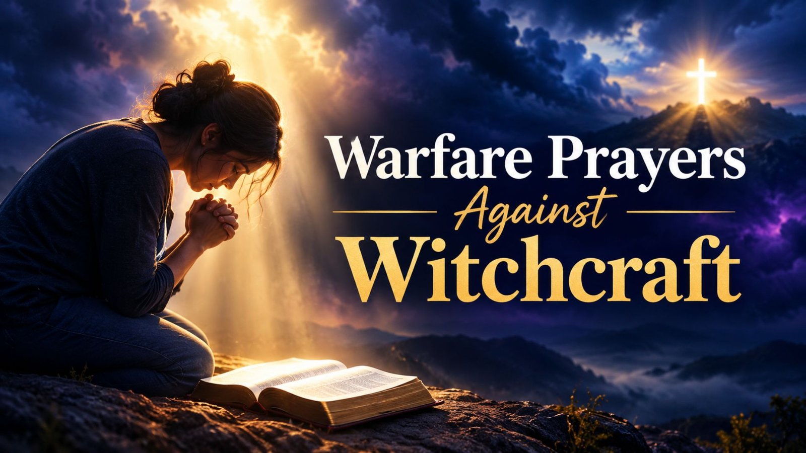 Person kneeling in prayer beside an open Bible under a warm golden light, symbolizing spiritual warfare prayers against witchcraft, fear, and darkness.