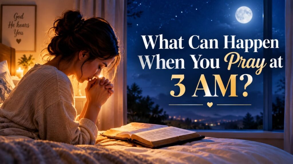 50 Powerful 3 AM Prayer Warfare Points for Breakthrough and Protection 3 Person praying at 3 AM beside an open Bible near a window, surrounded by soft moonlight and warm golden light, representing spiritual reflection, hope, and God’s presence.