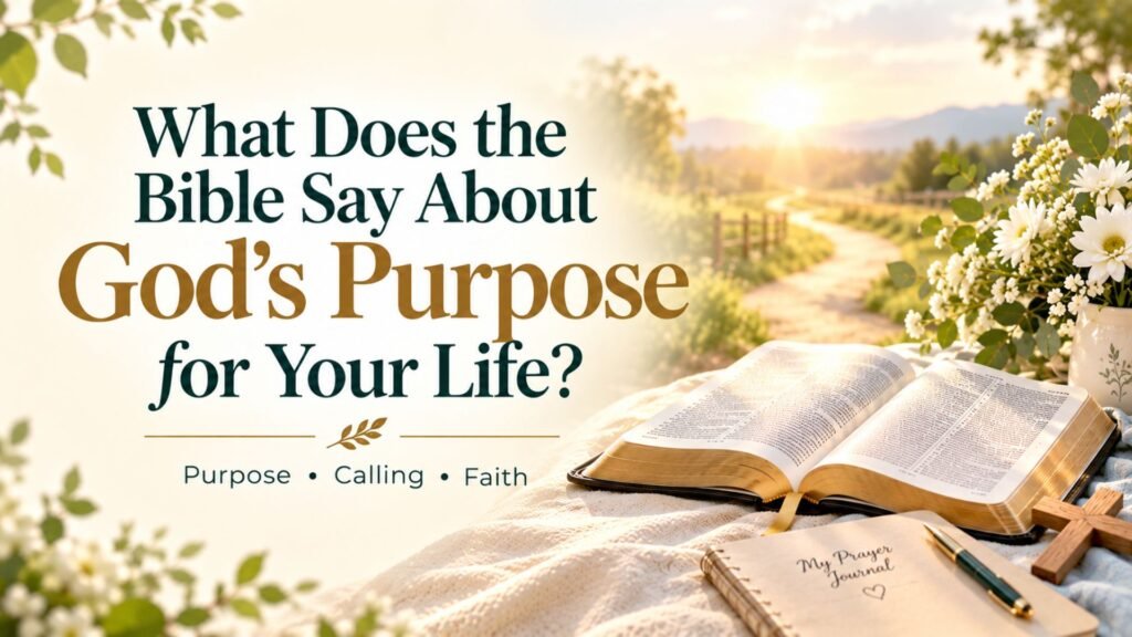 66 Powerful Bible Verses About God's Will and Finding His Purpose for Your Life 3 Open Bible, prayer journal, wooden cross, white flowers, and a sunlit pathway representing God’s purpose, calling, and direction for your life