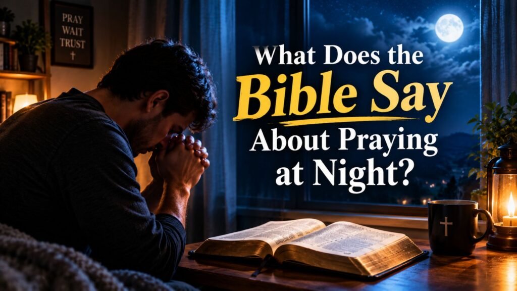 50 Powerful 3 AM Prayer Warfare Points for Breakthrough and Protection 2 “Person praying beside an open Bible at night, with moonlight through a window and warm lamp light creating a peaceful Christian atmosphere
