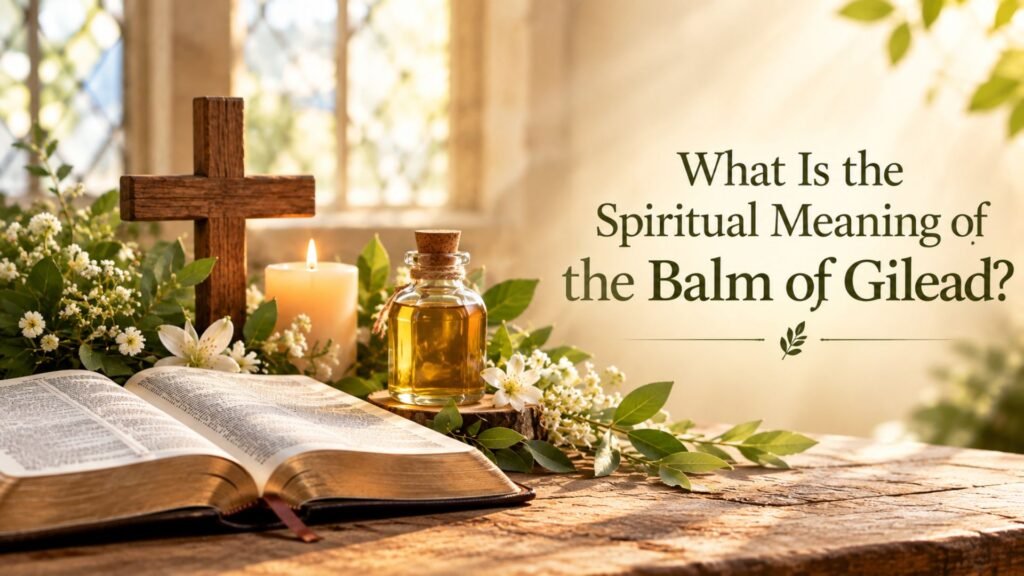 66 Powerful Balm of Gilead Prayers for Healing 2 Spiritual meaning of the Balm of Gilead represented by an open Bible, wooden cross, healing balm, candle, and white flowers.