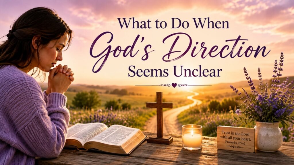 66 Powerful Prayers Points On Divine Direction With Scriptures 3 Peaceful woman praying beside an open Bible, wooden cross, and glowing candle as a winding path leads toward a bright golden horizon, symbolizing God’s direction and guidance.