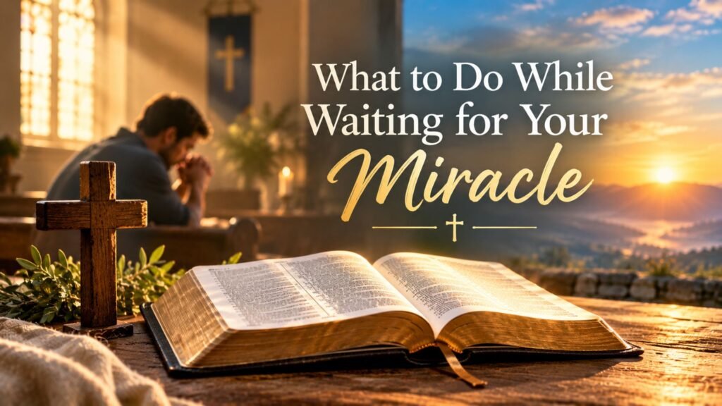 60 Powerful Prayers for Miracles for Healing, Breakthrough & Blessings 4 Open Bible and wooden cross glowing in warm morning light, symbolizing faith and hope while waiting for a miracle.