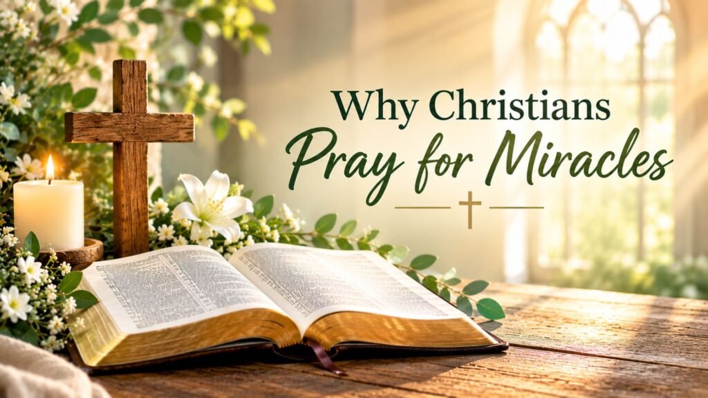60 Powerful Prayers for Miracles for Healing, Breakthrough & Blessings 2 Why Christians pray for miracles, featuring an open Bible, wooden cross, candle, white flowers, and warm golden light symbolizing faith and hope.