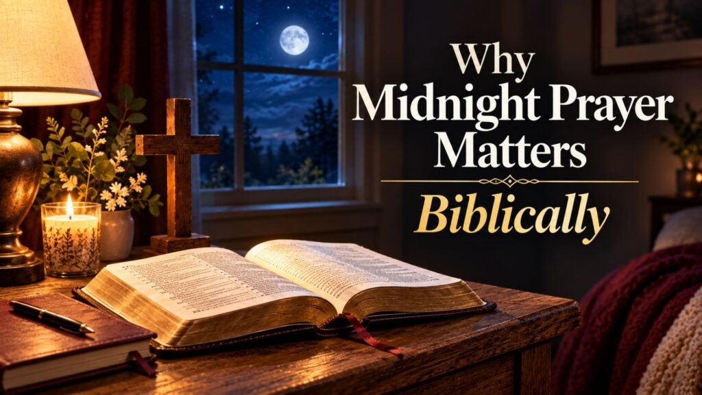 Open Bible, wooden cross, candle, and warm lamp beside a nighttime window illustrating why midnight prayer matters biblically.