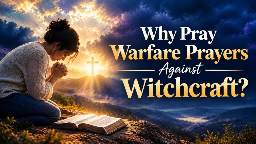 63 Powerful Warfare Prayers Against Witchcraft and Evil Attacks 2 Person kneeling in prayer beside an open Bible with golden light and a glowing cross, representing warfare prayers against witchcraft and spiritual protection through faith.