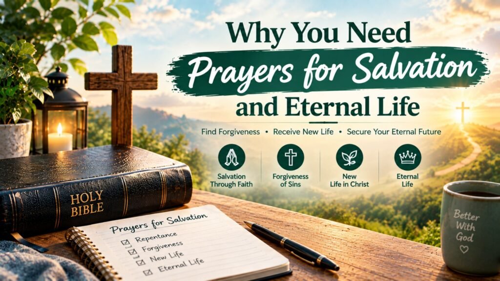 Prayers for salvation and eternal life represented by a Holy Bible, wooden cross, prayer journal, glowing path, and symbols of faith, forgiveness, new life, and eternal life.