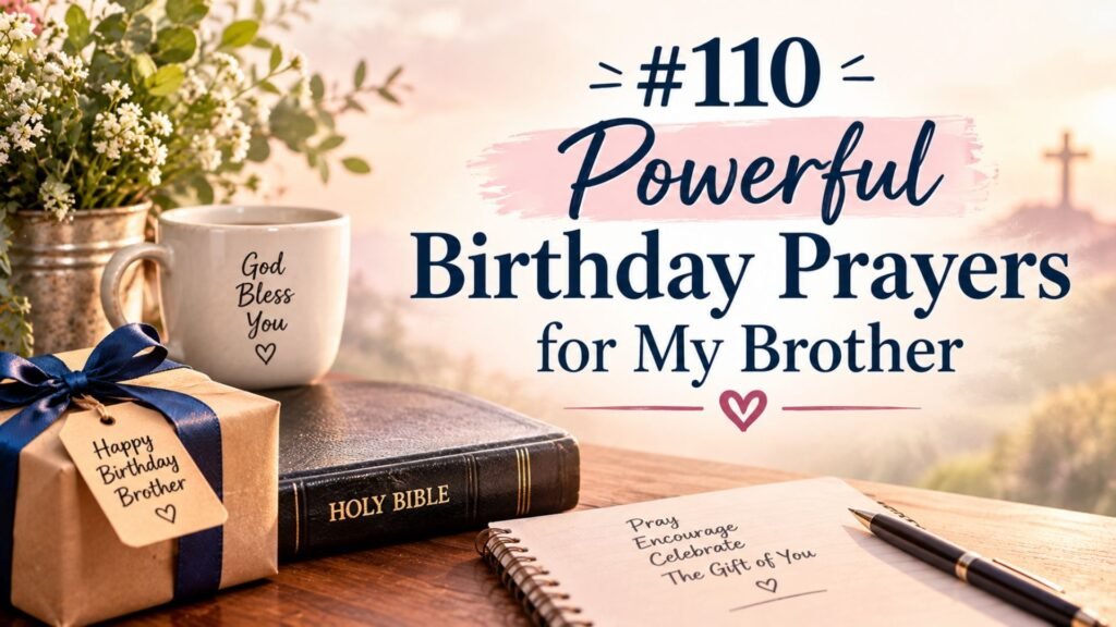 110 powerful birthday prayers for my brother, featuring a Bible, birthday gift, flowers, and a peaceful Christian setting symbolizing God's blessings, love, and guidance.