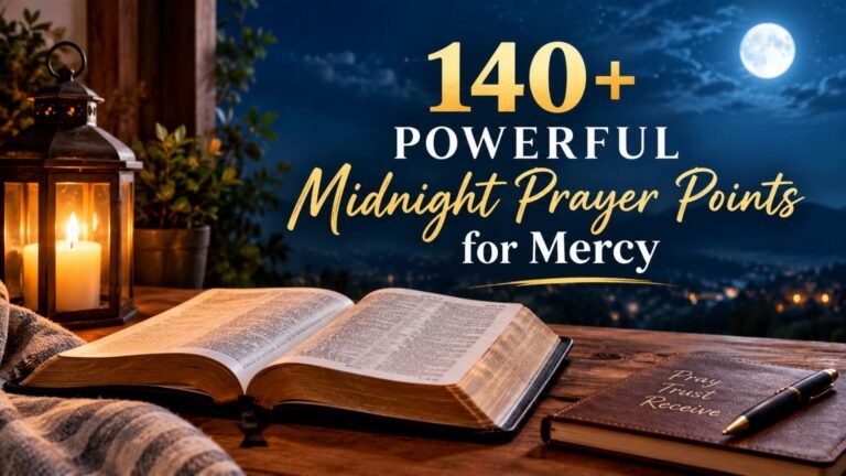 Open Bible and glowing lantern at night with the title “140+ Powerful Midnight Prayer Points for Mercy.