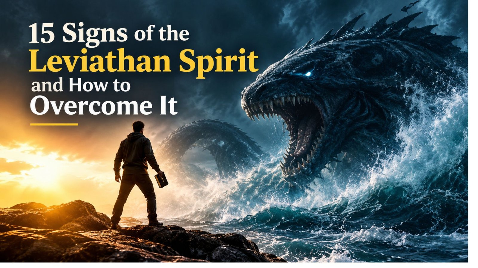 15 signs of the Leviathan spirit and how to overcome it, illustrated by a person holding a Bible facing a giant sea creature amid stormy waves and golden light.
