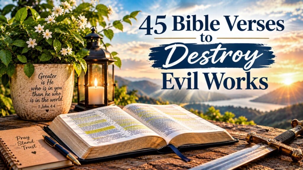 Open Bible with highlighted Scriptures, prayer journal, and symbolic sword in golden sunrise light, illustrating 45 Bible verses to destroy evil works.