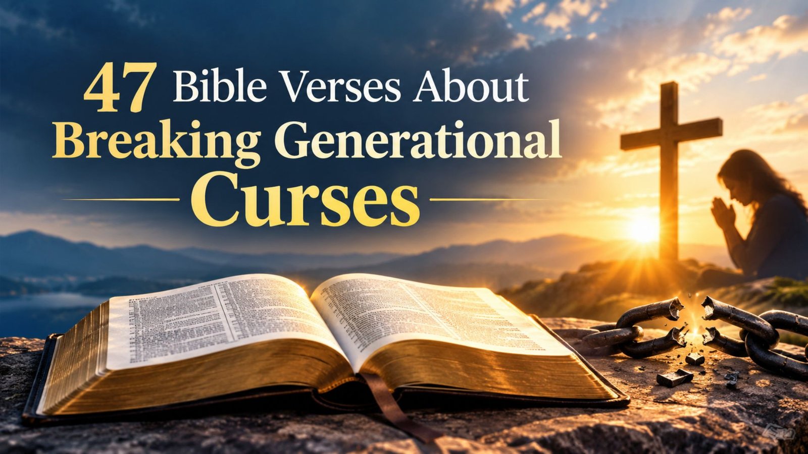 Open Bible illuminated by golden sunlight with a broken chain and wooden cross, symbolizing faith, freedom from generational curses, spiritual renewal, and God's promises.