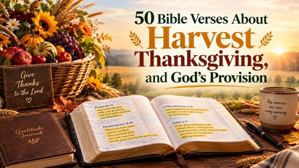 Open Bible beside a basket of autumn harvest produce, golden wheat, and a gratitude journal, illustrating 50 Bible verses about harvestthanksgiving and God’s provision
