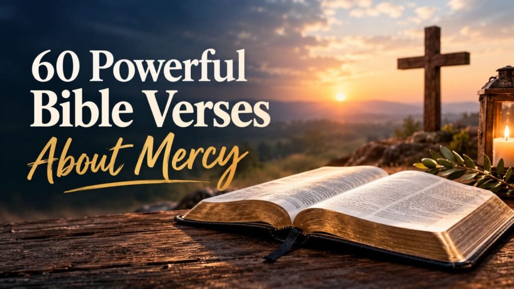 Open Bible beside a wooden cross at sunrise, illustrating 60 powerful Bible verses about mercy, grace, and compassion.