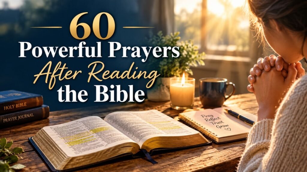 Open Bible, prayer journal, and candle beside a person praying after reading Scripture, illustrating 60 powerful prayers after reading the Bible.