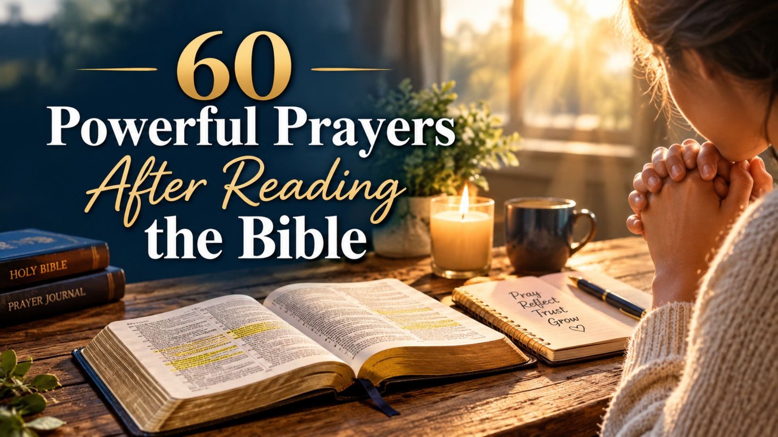 Open Bible, prayer journal, and candle beside a person praying after reading Scripture, illustrating 60 powerful prayers after reading the Bible.