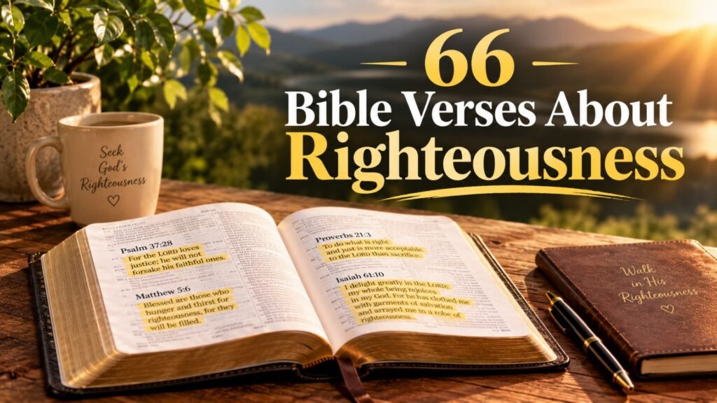 Open Bible with highlighted Scripture passages on a rustic wooden table, illustrating 66 Bible verses about righteousness and living according to God's Word.
