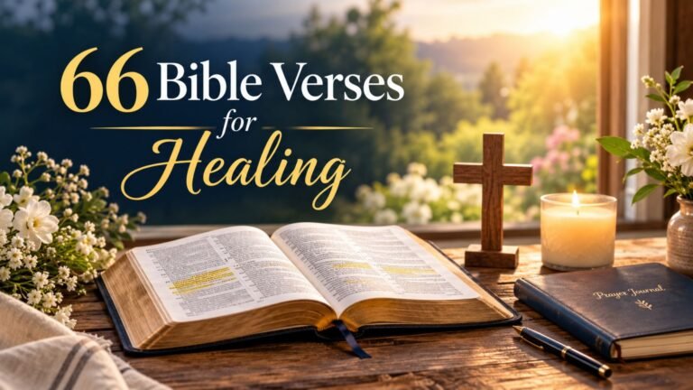 66 Bible verses for healing featuring an open Bible, wooden cross, prayer journal, white flowers, and warm golden sunlight.