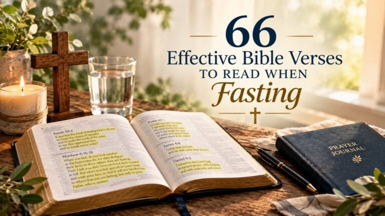 Open Bible with highlighted Scripture, a prayer journal, wooden cross, and candle illustrating 66 effective Bible verses to read when fasting.