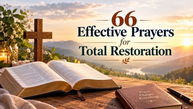 Open Bible, wooden cross, and prayer journal illuminated by golden sunrise light, representing 66 effective prayers for total restoration, renewal, and hope.