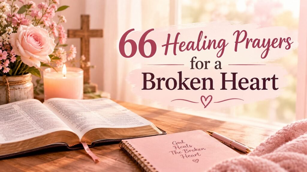 66 healing prayers for a broken heart with an open Bible, pink flowers, and a peaceful setting symbolizing God's comfort, hope, and emotional healing.