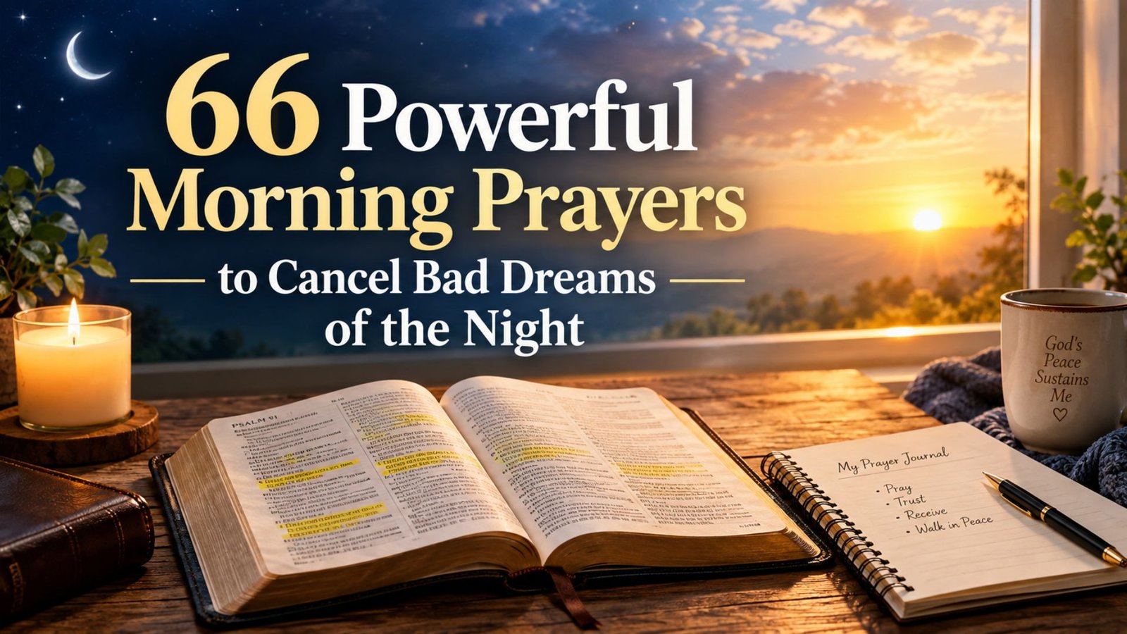 66 powerful morning prayers with an open Bible, prayer journal, candle, and peaceful sunrise symbolizing protection from bad dreams.