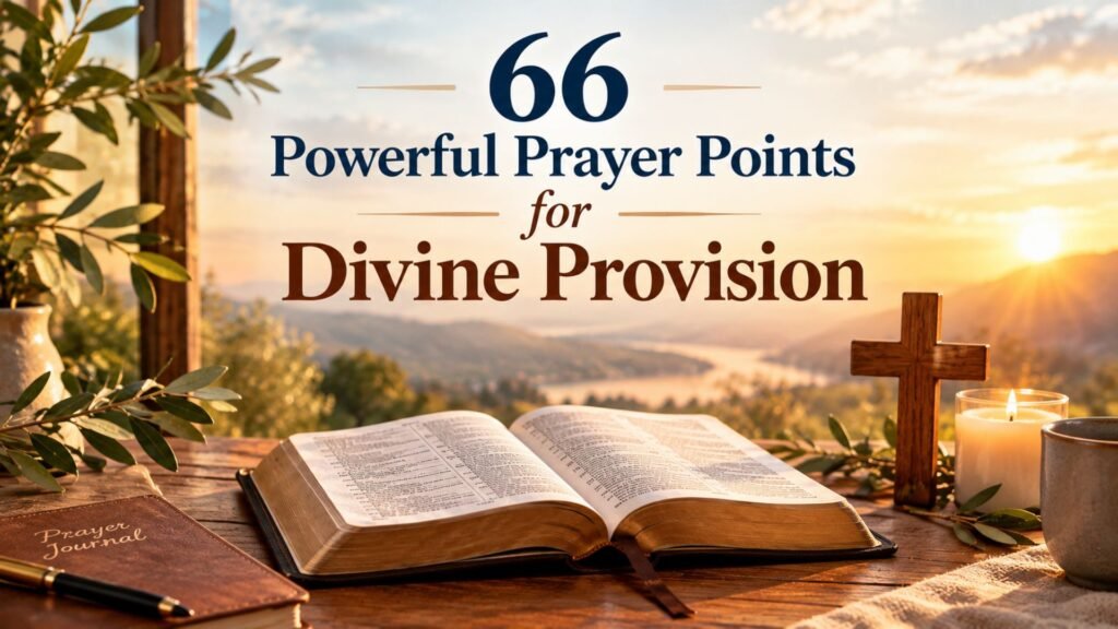 66 Powerful Prayer Points for Divine Provision featuring an open Bible, wooden cross, prayer journal, and warm golden sunrise symbolizing faith, hope, and God's provision.