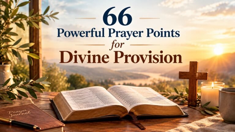 66 Powerful Prayer Points for Divine Provision featuring an open Bible, wooden cross, prayer journal, and warm golden sunrise symbolizing faith, hope, and God's provision.