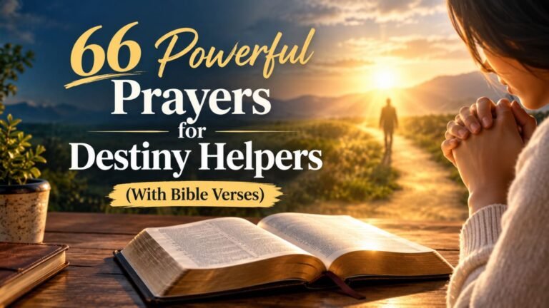 66 powerful prayers for destiny helpers with Bible verses, featuring an open Bible and person praying in warm golden light.