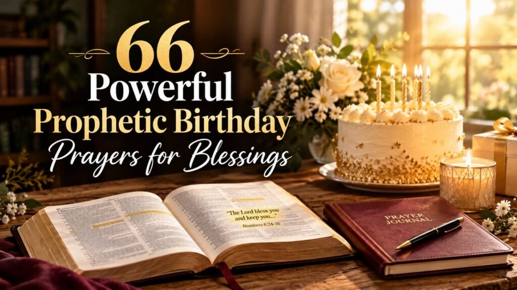 Open Bible, birthday candles, and prayer journal illustrating 66 powerful prophetic birthday prayers for blessings.