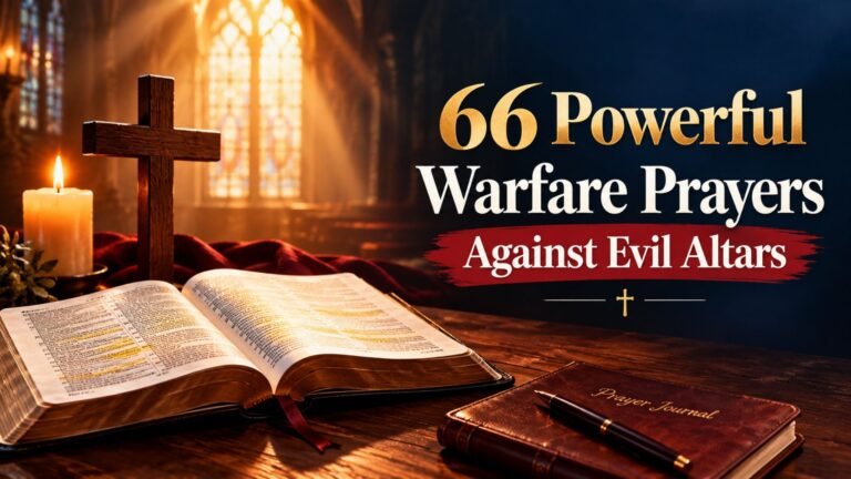 66 powerful warfare prayers against evil altars with an open Bible, wooden cross, glowing candle, and rich reddish-burgundy tones in warm golden church light.