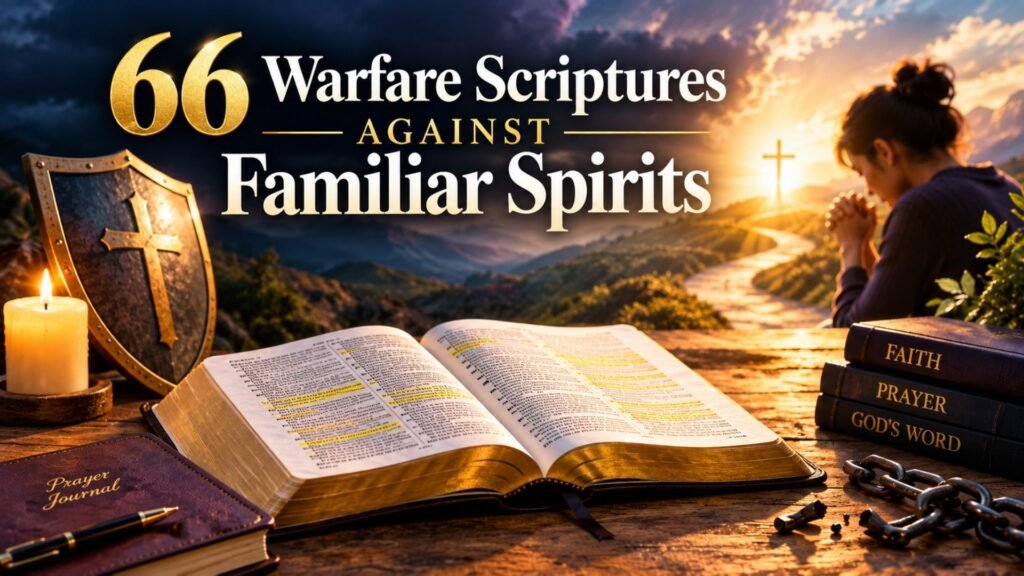 Open Bible with highlighted verses, a praying person, and golden light symbolizing spiritual warfare, prayer, and God’s protection through Scripture.