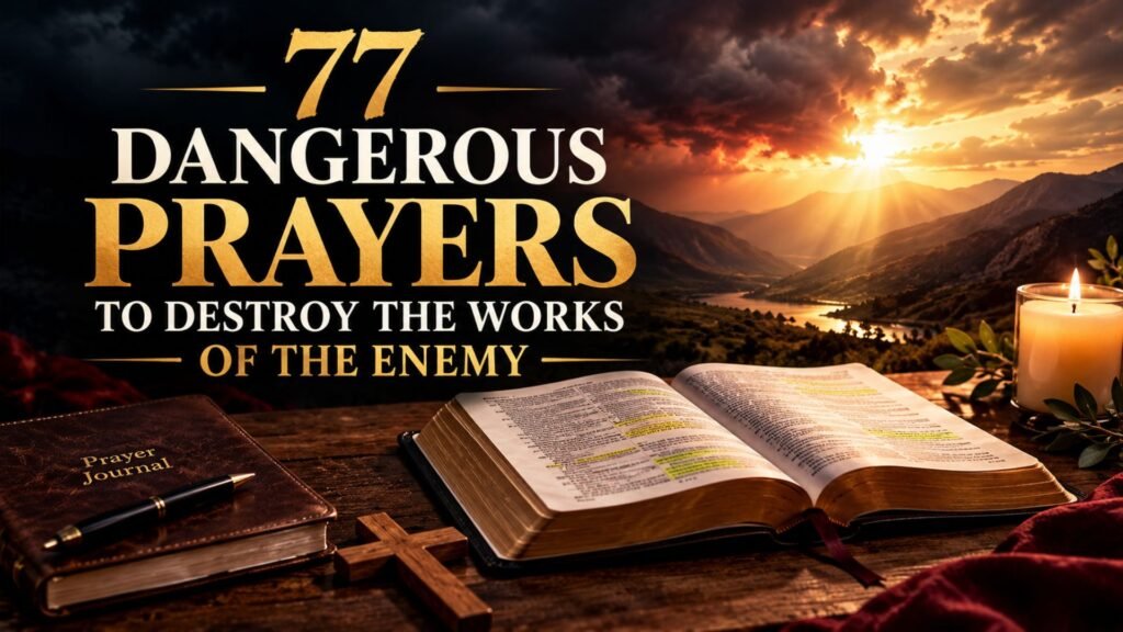 Open Bible, wooden cross, and prayer journal illuminated by golden light for prayers to destroy the works of the enemy.