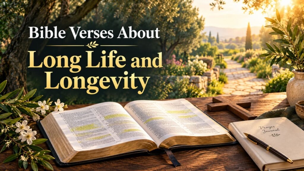 Open Bible and wooden cross beside a sunlit garden, illustrating Bible verses about long life and longevity.
