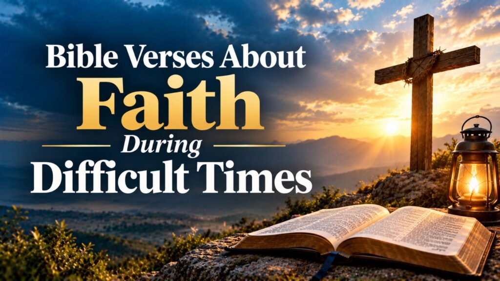 115 Bible Verses About Faith: Powerful Scriptures to Strengthen Your Trust in God 2 An open Bible, glowing lantern, and wooden cross overlooking a mountain valley at sunrise, symbolizing faith in God, hope, and strength during difficult times.
