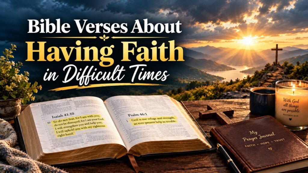 60 Powerful Bible Verses For Faith to Strengthen Your Walk With God 2 Open Bible with highlighted Scriptures, wooden cross, and glowing candle against a stormy mountain sunrise, representing faith in difficult times.