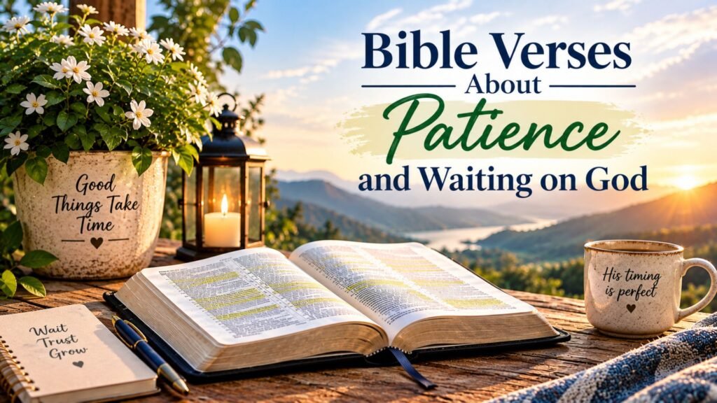 Open Bible, prayer journal, and flowering plant beside a sunlit mountain lake, illustrating Bible verses about patience and waiting on God.
