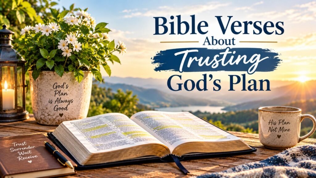 Open Bible and prayer journal on a wooden table overlooking a sunlit mountain valley, illustrating Bible verses about trusting God's plan.