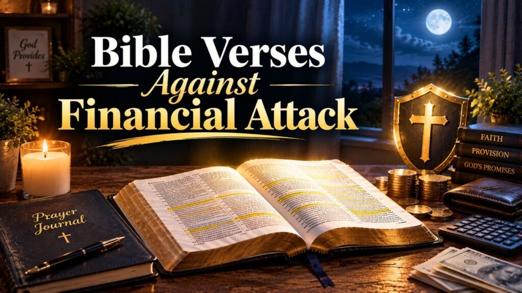 Open Bible with highlighted verses, prayer journal, candle, coins, and cross shield symbolizing faith and prayer against financial hardship.