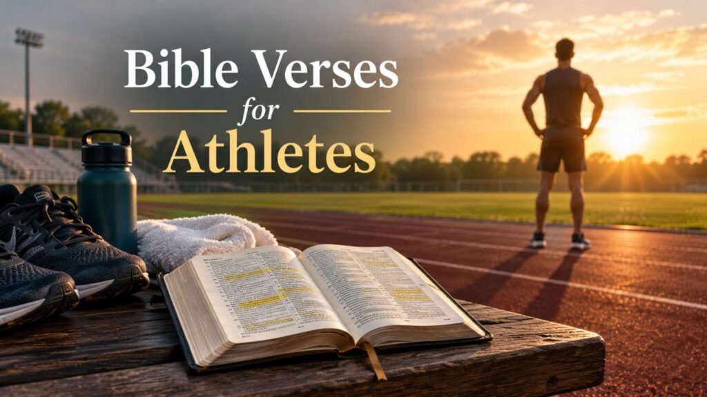 Open Bible with highlighted Bible verses for athletes beside running shoes on a sports bench at sunrise.