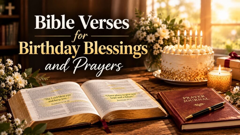 66 Powerful Prophetic Birthday Prayers for Blessings 2 Open Bible with highlighted Scripture, a prayer journal, candle, and birthday cake illustrating Bible verses for birthday blessings and prayers.