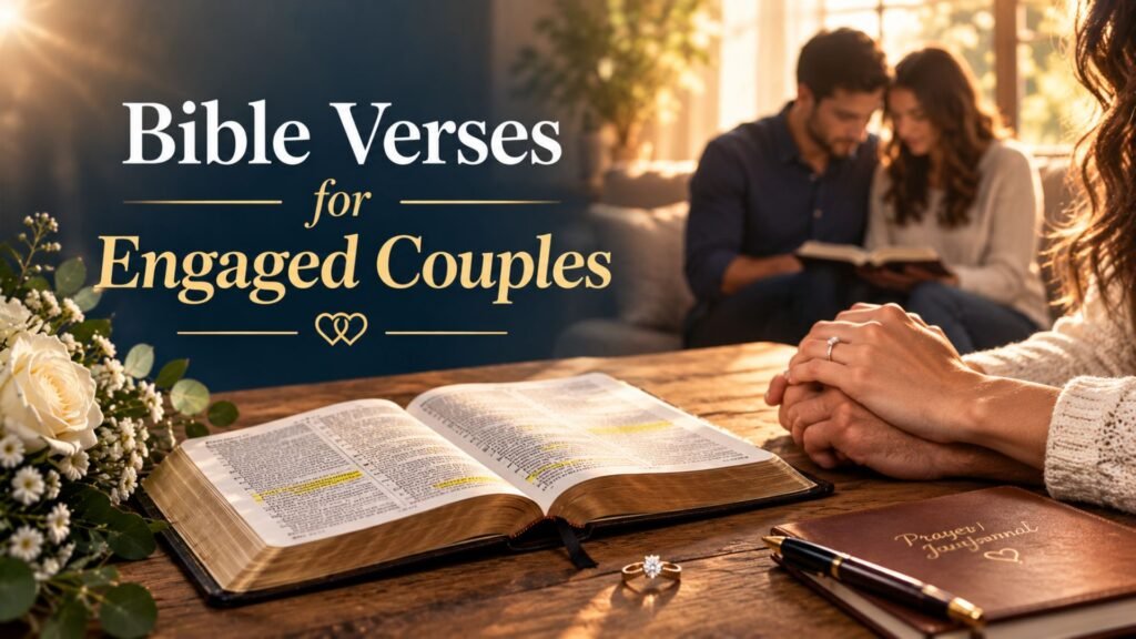 Open Bible, engagement ring, and prayer journal beside an engaged couple reflecting on Scripture for their future marriage.