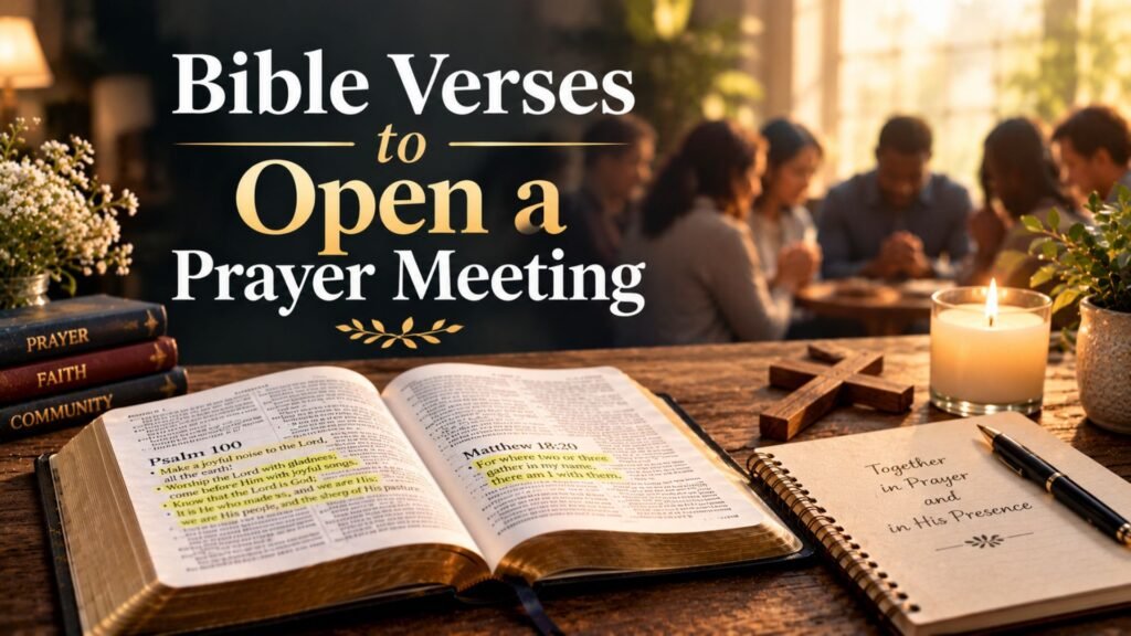 Open Bible with highlighted Scripture, prayer journal, wooden cross, and candle beside a group praying together, illustrating Bible verses to open a prayer meeting.
