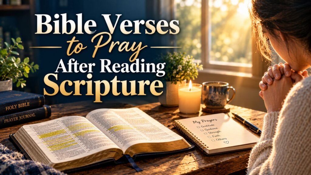 Open Bible with highlighted Scripture, prayer journal, and candle beside a person praying, illustrating Bible verses to pray after reading Scripture.