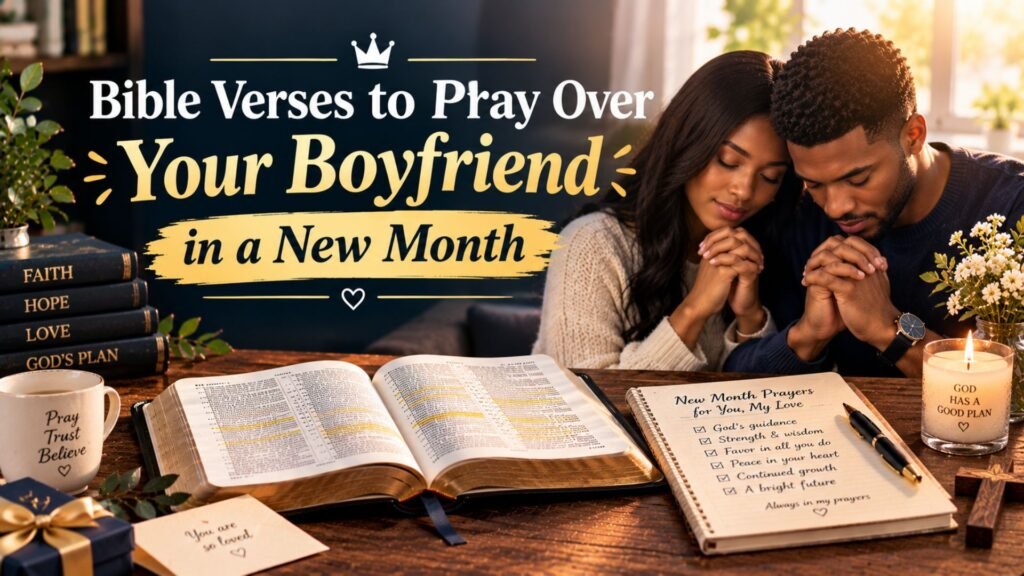 Couple praying together beside an open Bible and new month prayer journal, illustrating Bible verses to pray over your boyfriend in a new month.