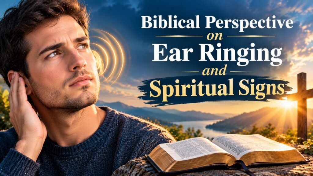 Thoughtful man touching his ear with glowing golden sound waves, an open Bible, and a wooden cross illuminated by sunrise, illustrating the biblical perspective on ear ringing and spiritual signs.