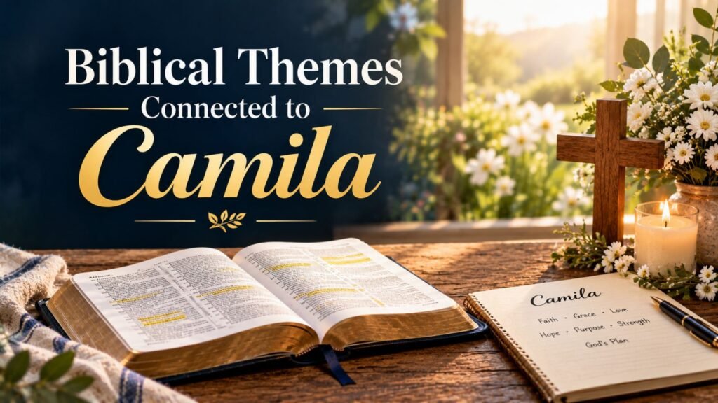 Open Bible, wooden cross, white flowers, and a journal highlighting faith, grace, hope, and purpose to represent biblical themes connected to Camila.