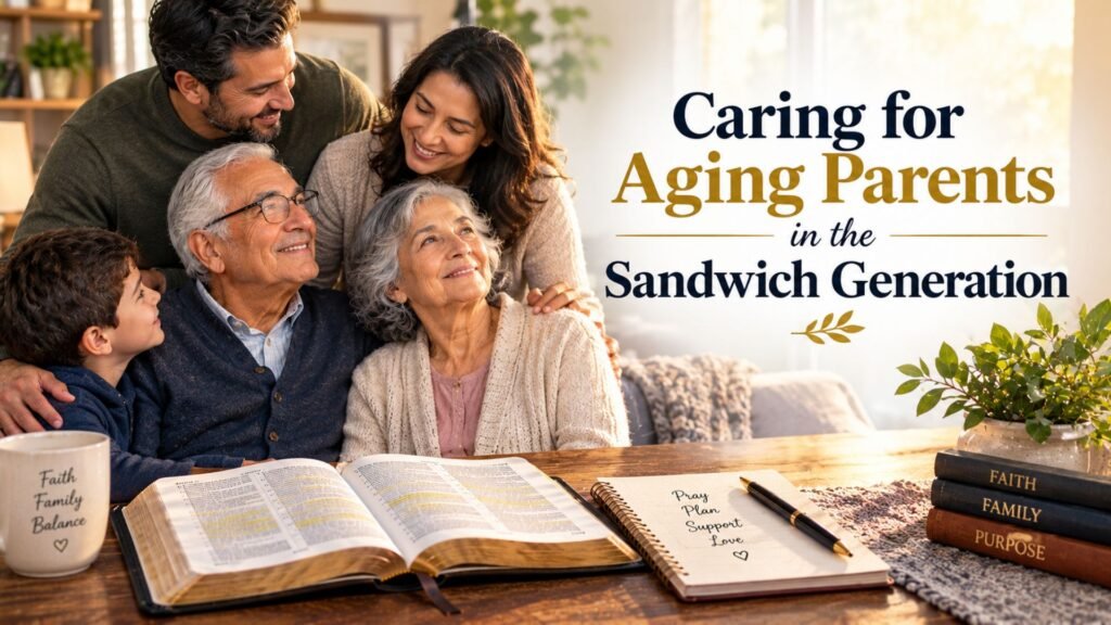 What the Bible Says About Caring for Aging Parents 3 Adult children caring for their aging parents in a multigenerational family setting, illustrating the challenges of the sandwich generation alongside an open Bible and prayer journal.