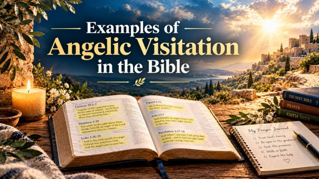 Open Bible with highlighted passages about angelic encounters, candle, prayer journal, and radiant biblical landscape.