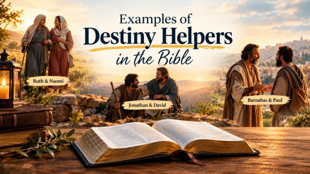Examples of destiny helpers in the Bible, featuring an open Bible and symbolic scenes of Ruth and Naomi, Jonathan and David, and Barnabas and Paul.